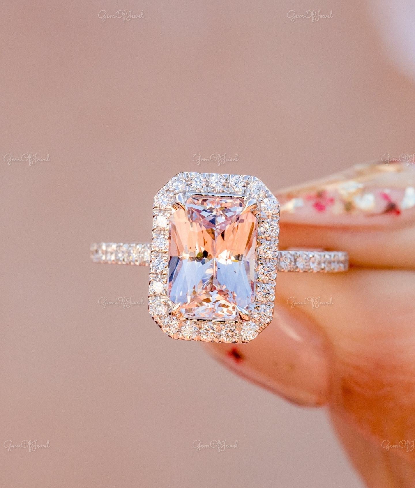 Radiant Cut Morganite Diamond Halo Ring, Morganite Diamond Ring, Radiant Cut Morganite Diamond Engagement Ring For Her, Pink Morganite Ring