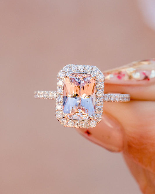 Radiant Cut Morganite Diamond Halo Ring, Morganite Diamond Ring, Radiant Cut Morganite Diamond Engagement Ring For Her, Pink Morganite Ring