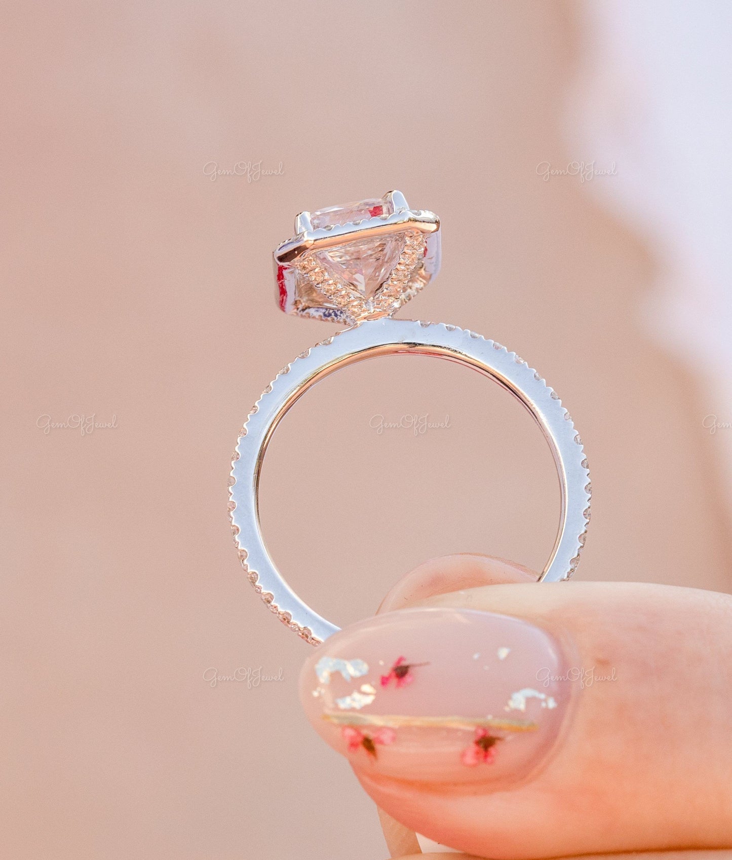 Radiant Cut Morganite Diamond Halo Ring, Morganite Diamond Ring, Radiant Cut Morganite Diamond Engagement Ring For Her, Pink Morganite Ring
