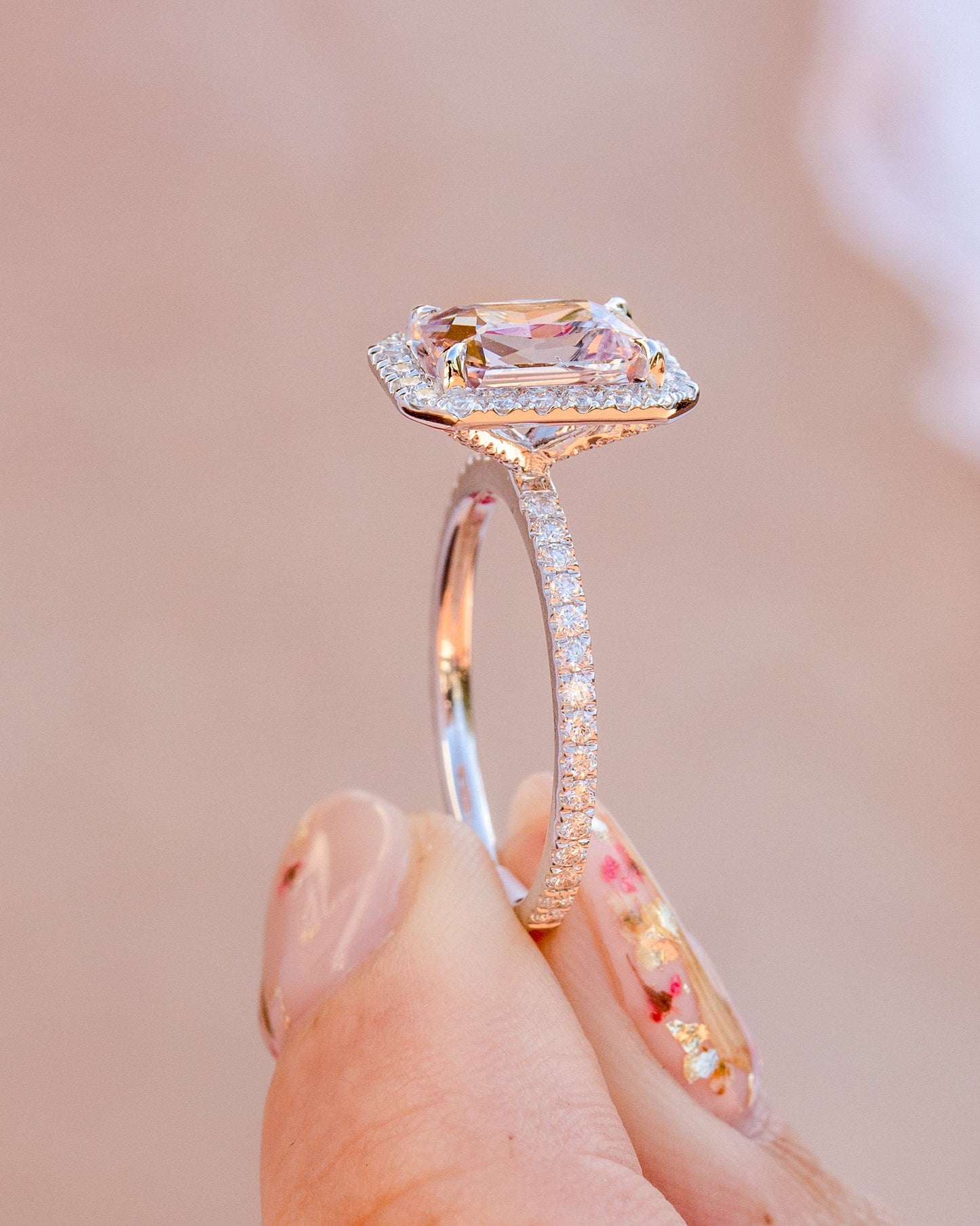 Radiant Cut Morganite Diamond Halo Ring, Morganite Diamond Ring, Radiant Cut Morganite Diamond Engagement Ring For Her, Pink Morganite Ring
