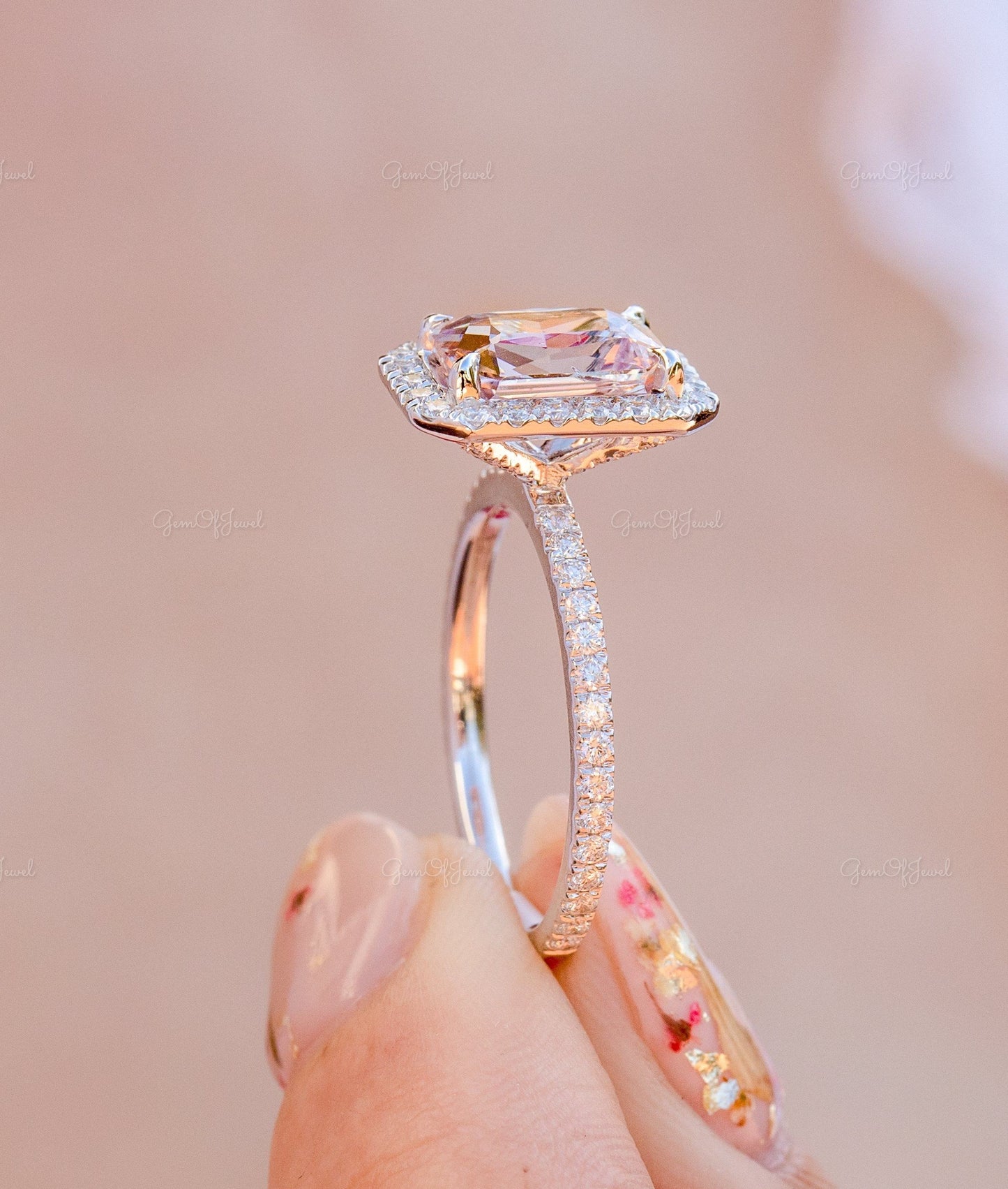 Radiant Cut Morganite Diamond Halo Ring, Morganite Diamond Ring, Radiant Cut Morganite Diamond Engagement Ring For Her, Pink Morganite Ring