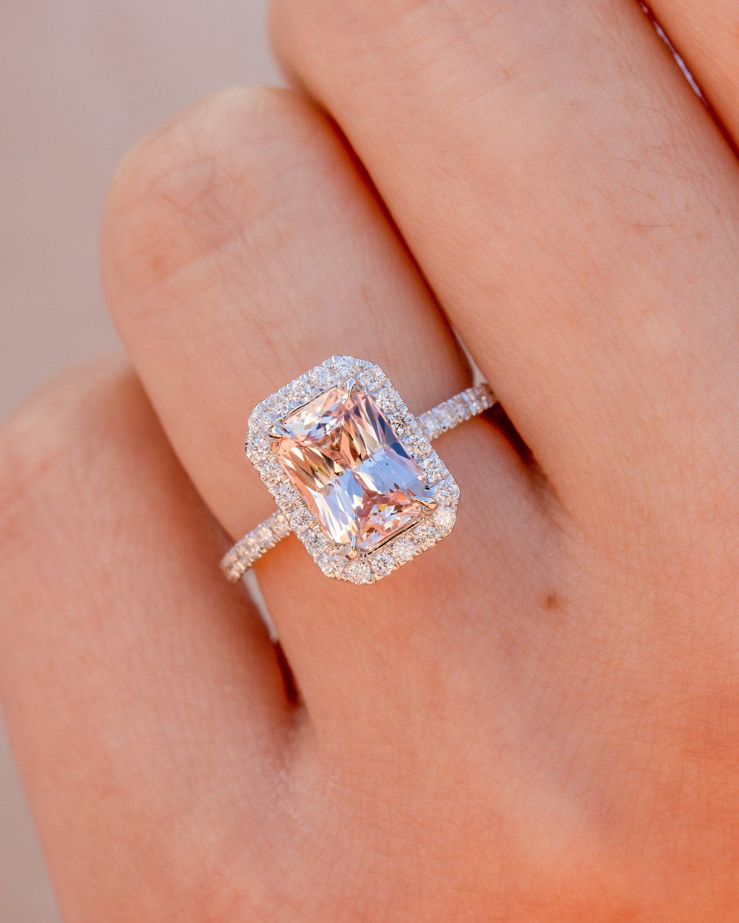 Radiant Cut Morganite Diamond Halo Ring, Morganite Diamond Ring, Radiant Cut Morganite Diamond Engagement Ring For Her, Pink Morganite Ring
