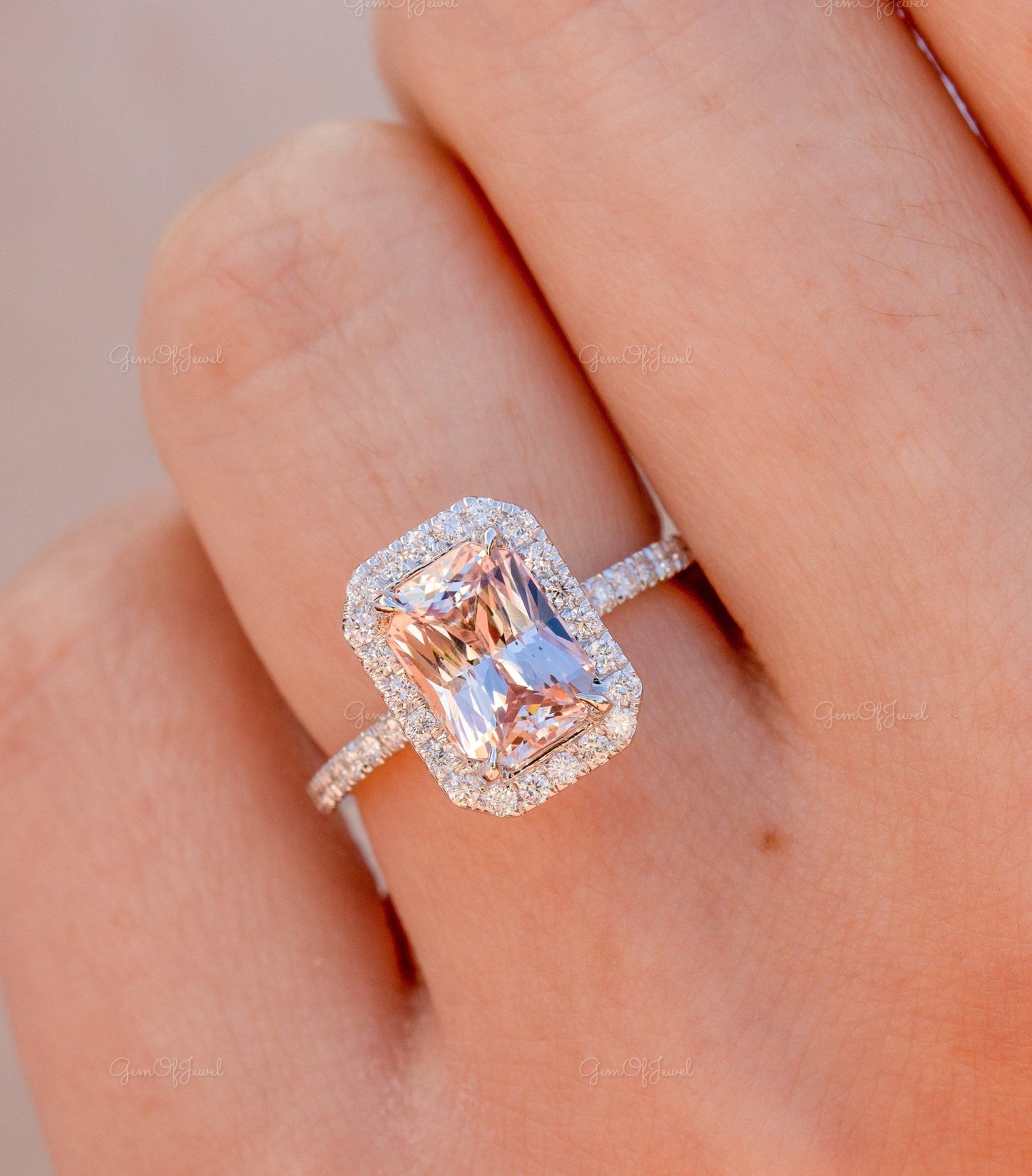 Radiant Cut Morganite Diamond Halo Ring, Morganite Diamond Ring, Radiant Cut Morganite Diamond Engagement Ring For Her, Pink Morganite Ring