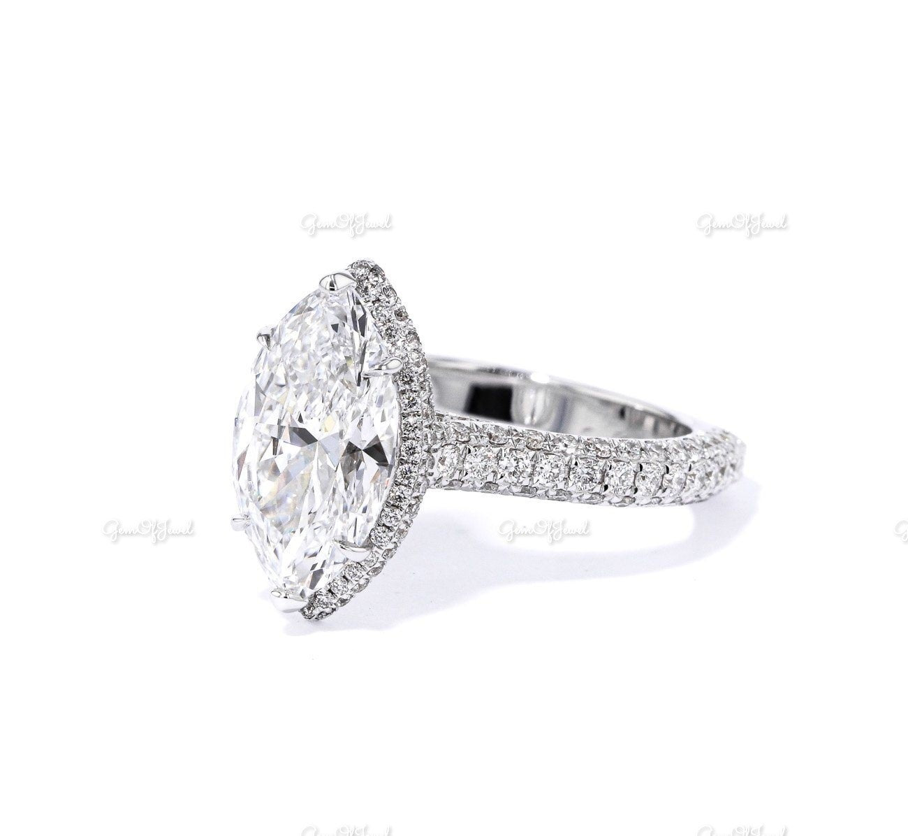 Marquise Moissanite Diamond Engagement Ring With Pave Diamond Halo And 3 Way Pave Eternity Moissanite Diamond Ring, Marquise Diamond Ring