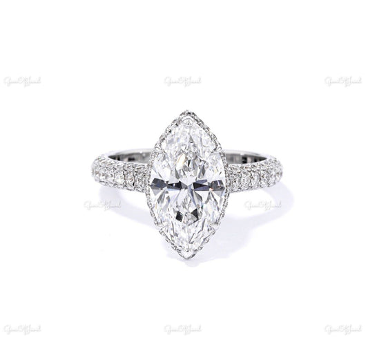 Marquise Moissanite Diamond Engagement Ring With Pave Diamond Halo And 3 Way Pave Eternity Moissanite Diamond Ring, Marquise Diamond Ring