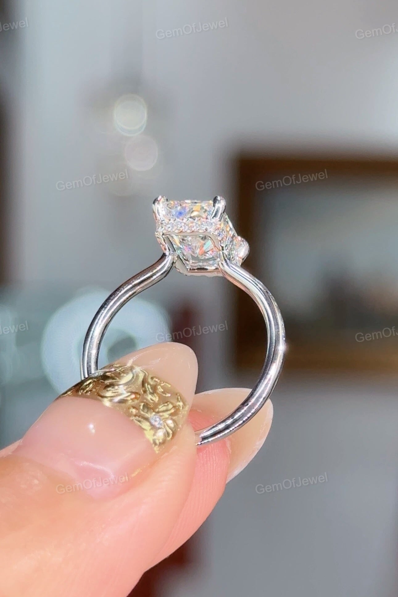 Radiant Moissanite Diamond Engagement Tension Set Ring, Petal Prong With Open Gap Setting With Hidden Halo Diamond Ring, Tension Set Ring