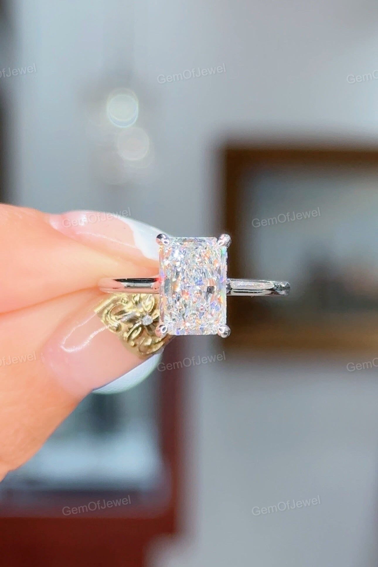 Radiant Moissanite Diamond Engagement Tension Set Ring, Petal Prong With Open Gap Setting With Hidden Halo Diamond Ring, Tension Set Ring