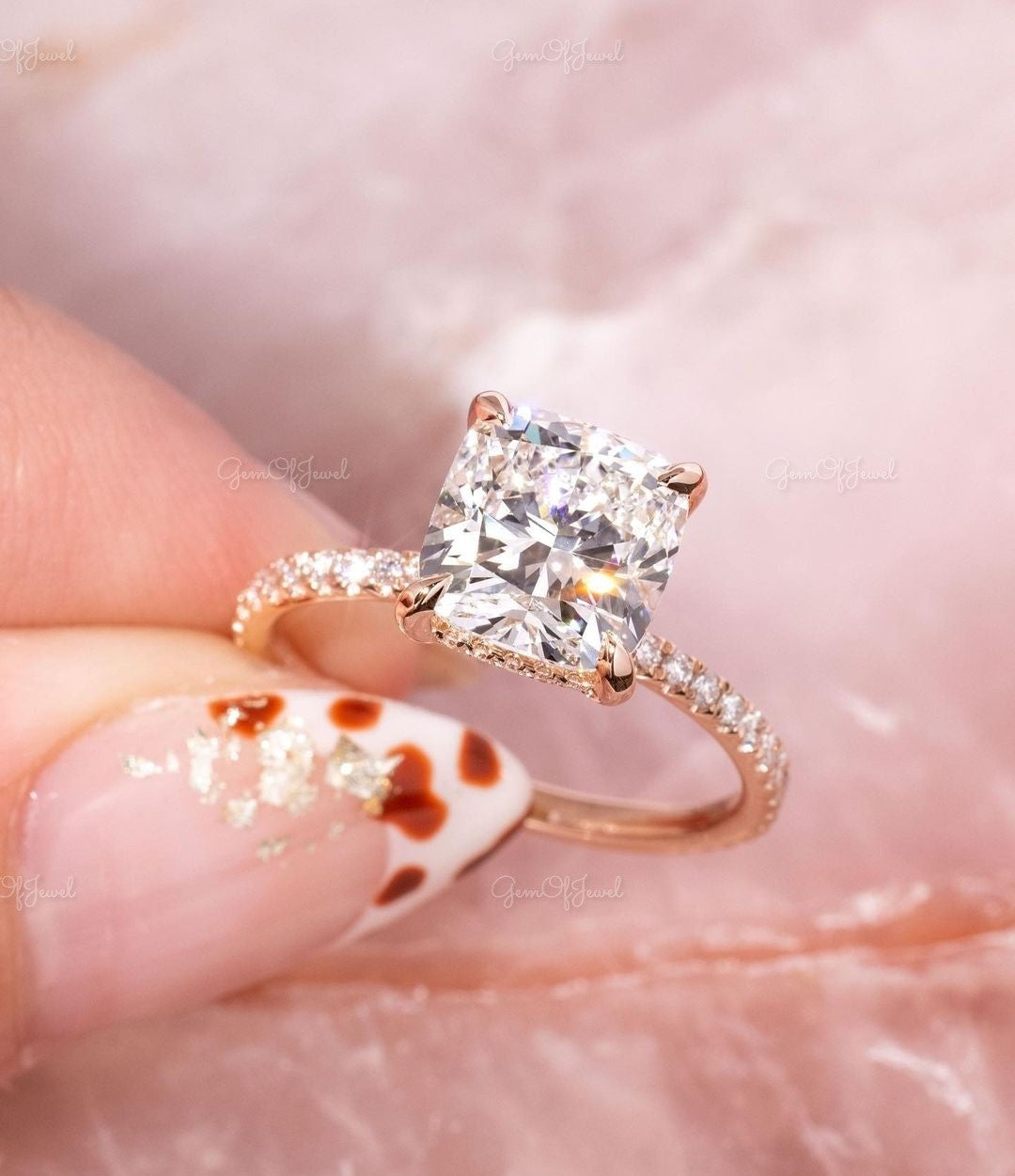 2CT Cushion Moissanite Diamond With Round Moissanite Diamond Pave Eternity Ring, Cushion Cut Moissanite Diamond Engagement Ring For Her