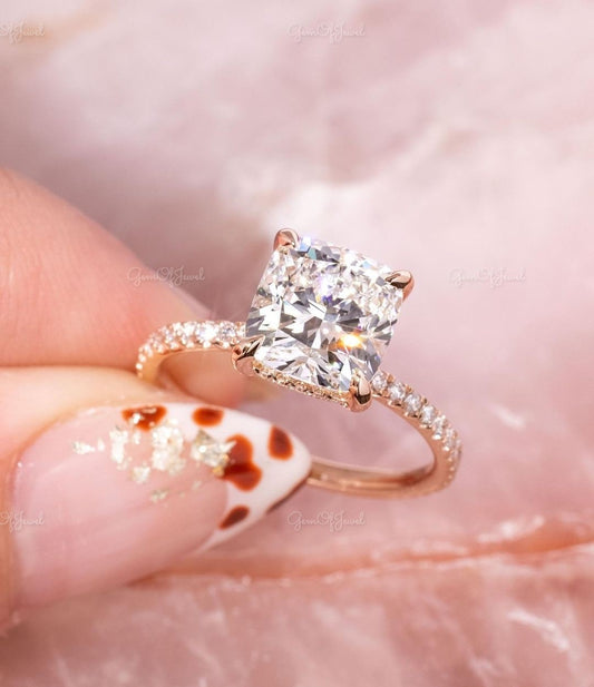 2CT Cushion Moissanite Diamond With Round Moissanite Diamond Pave Eternity Ring, Cushion Cut Moissanite Diamond Engagement Ring For Her