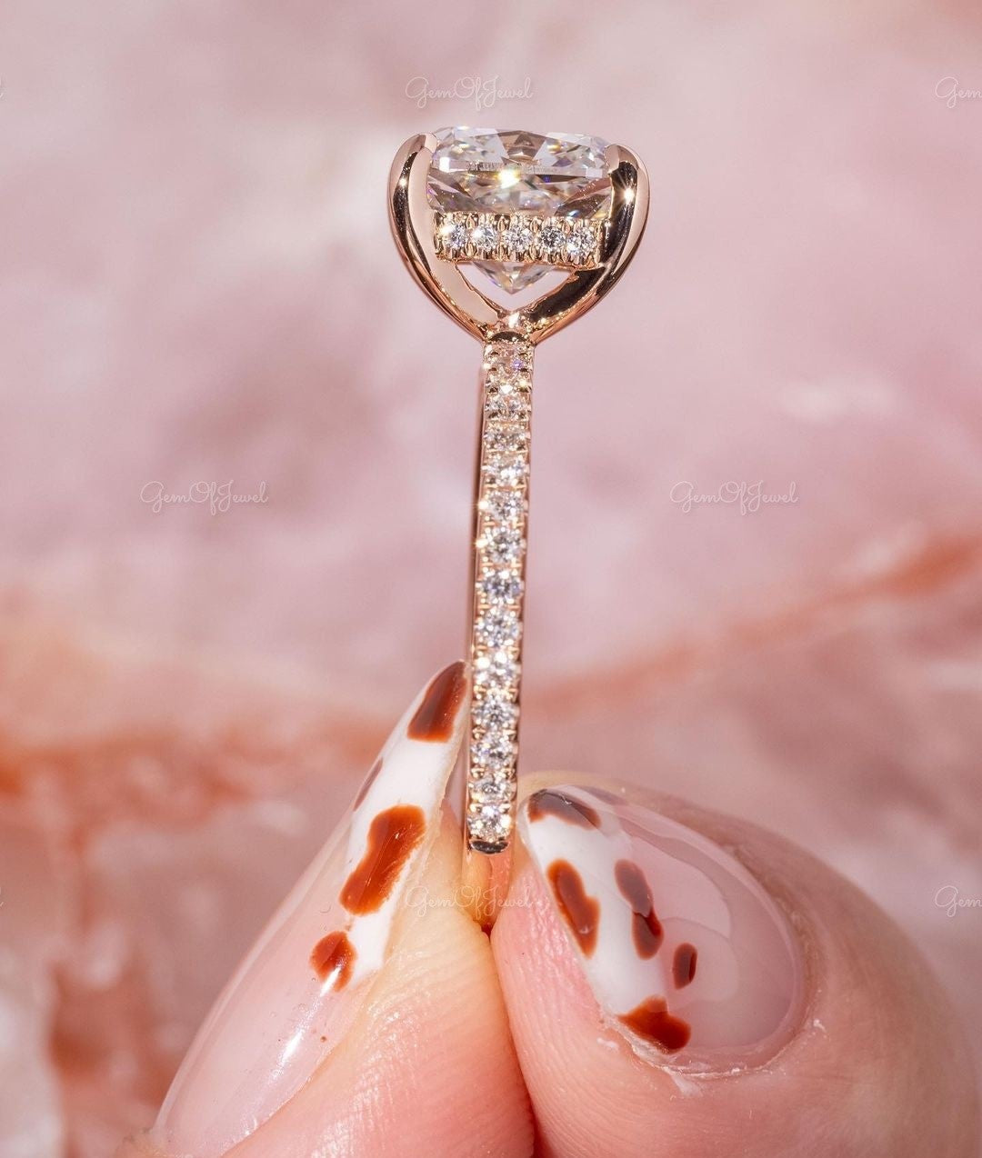 2CT Cushion Moissanite Diamond With Round Moissanite Diamond Pave Eternity Ring, Cushion Cut Moissanite Diamond Engagement Ring For Her