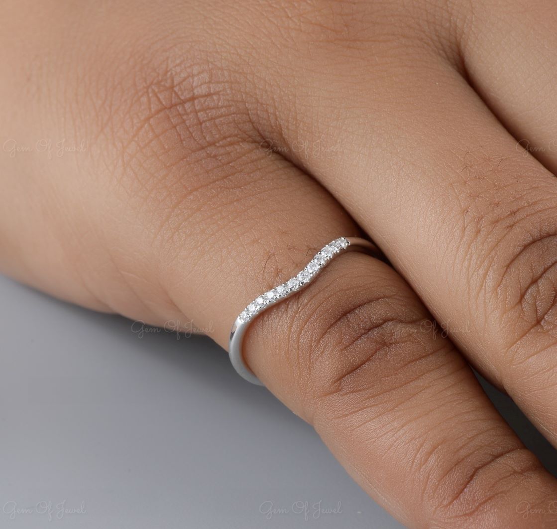 Curved Wedding Band, Round Moissanite Half Eternity Curved Diamond Band For Her, Moissanite Diamond Curved Matching Wedding Band For Ring