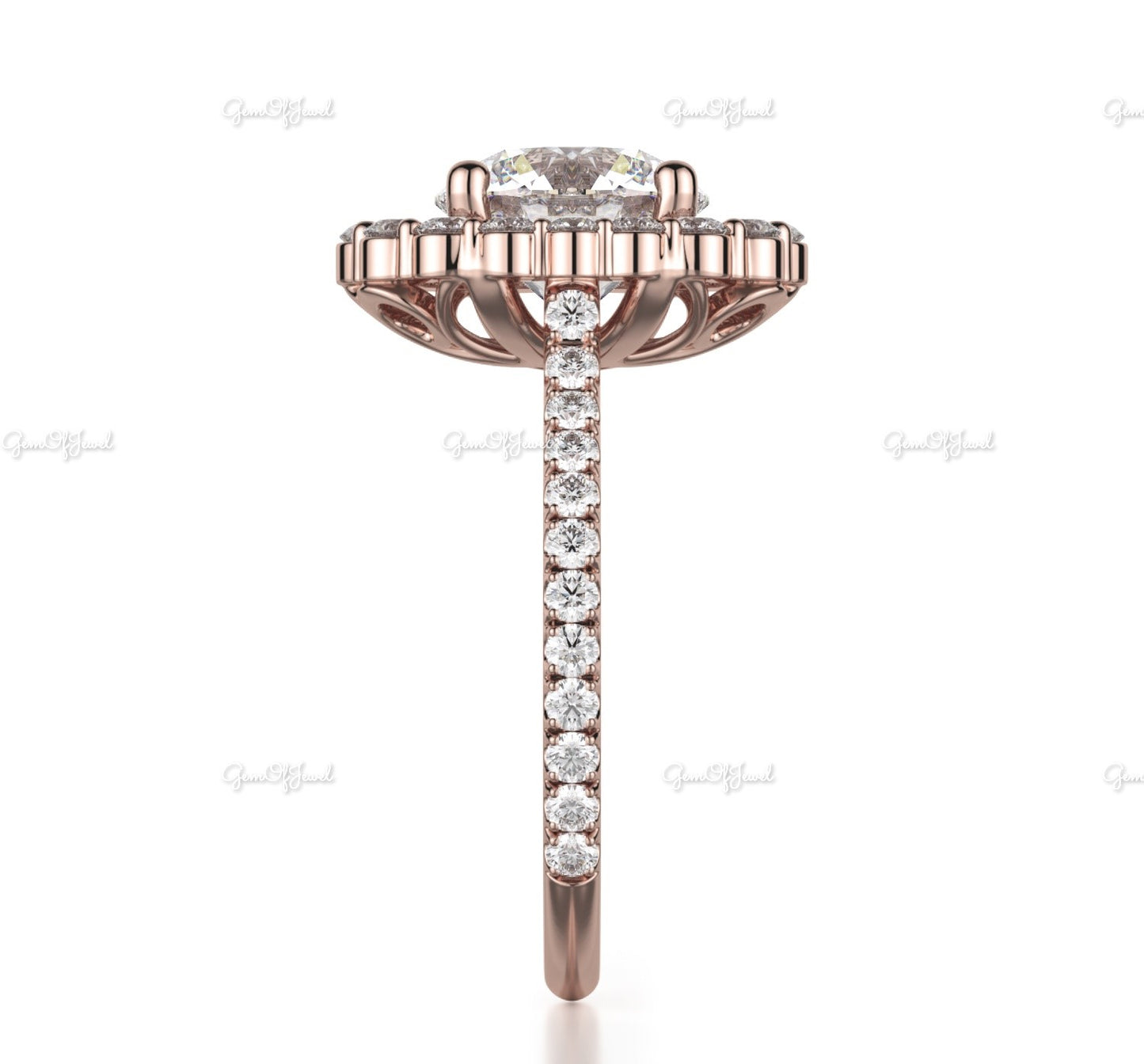 Round Moissanite Diamond Halo Ring Engagement Ring With Pave Diamond Band Of Round Moissanite Engagement Ring For Her, Round Diamond Ring