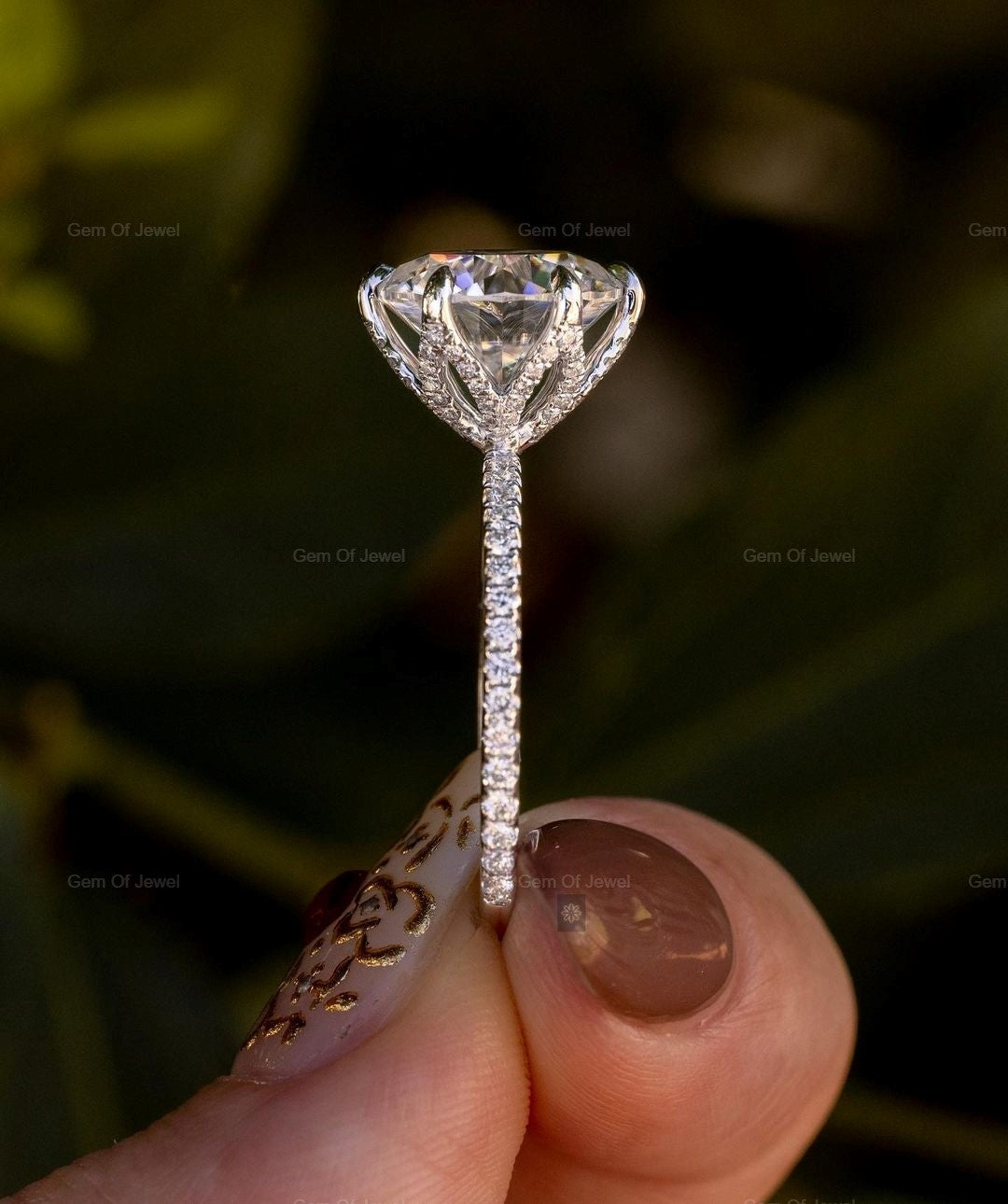 3CT Round Moissanite Diamond 14k Solid Gold Ring, Lotus Prong Engagement Ring With And Pave Eternity On Band, Six Prong Round Diamond Ring