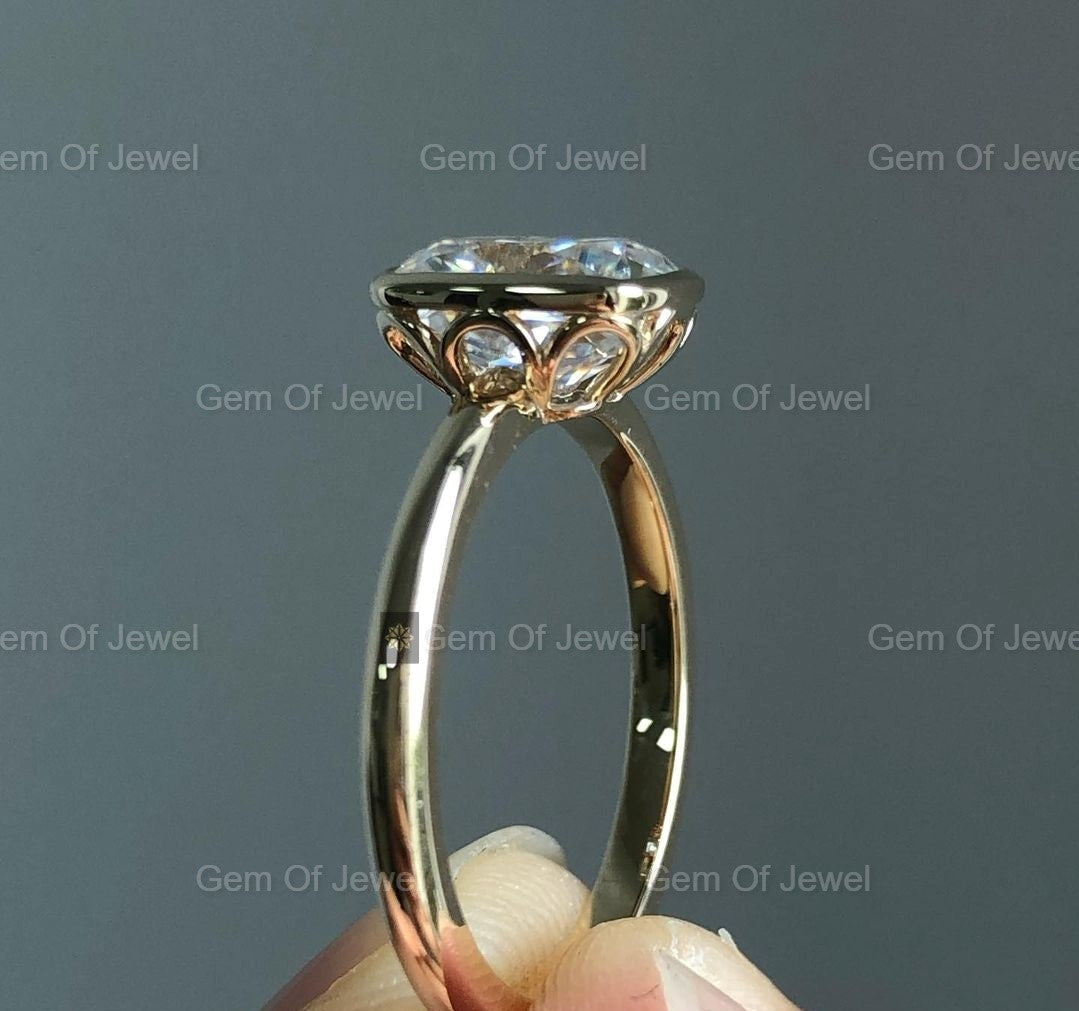 2CT Cushion Moissanite Diamond Engagement Ring, Elongated Cushion Diamond Petal Basket Setting Tulip Prong Setting Cushion Diamond Ring