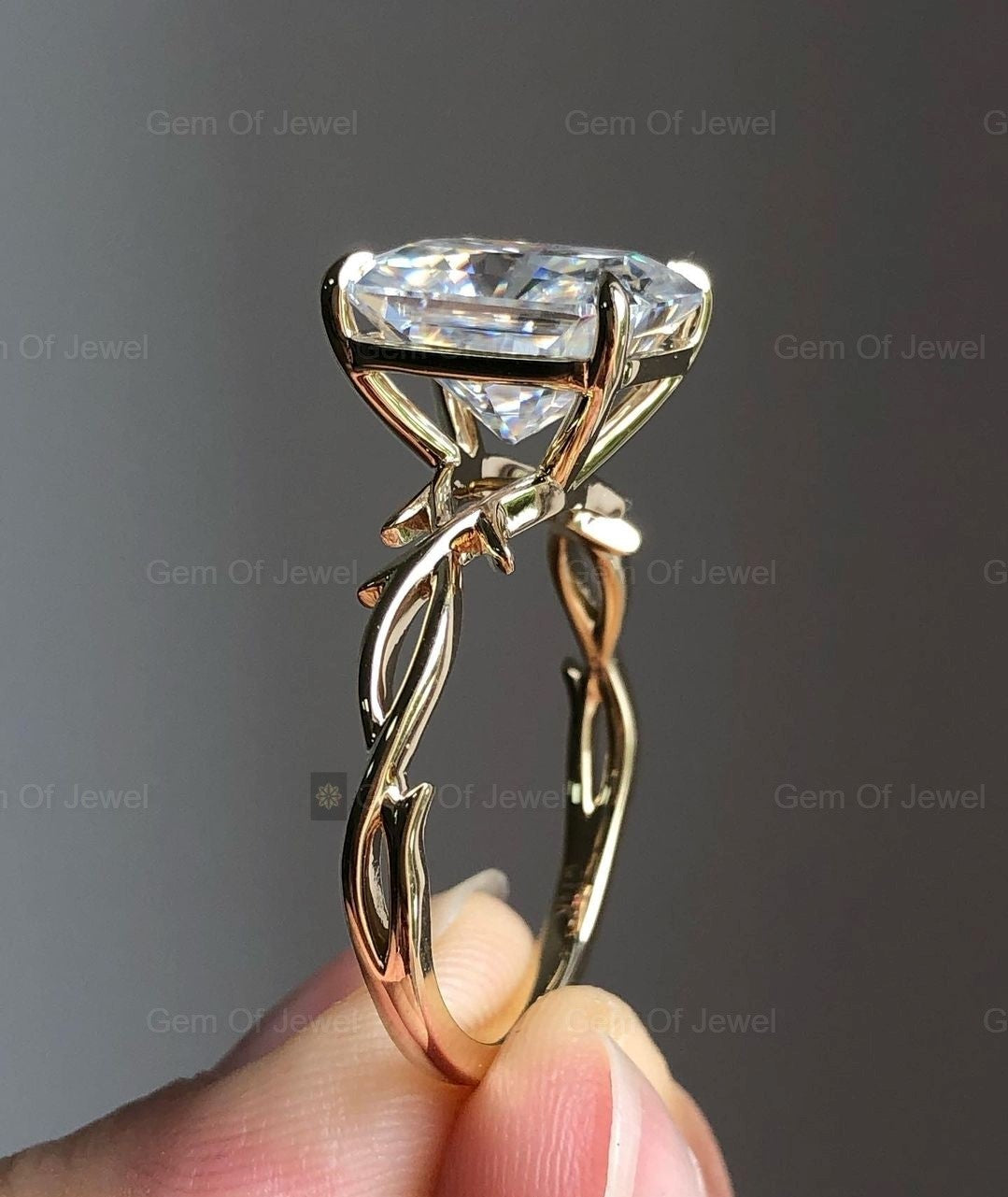 Radiant Cut Moissanite Diamond Floral Leaf Band, Solitaire Radiant Moissanite Diamond Solid Gold Ring Gift For Her, Radiant Engagement Ring