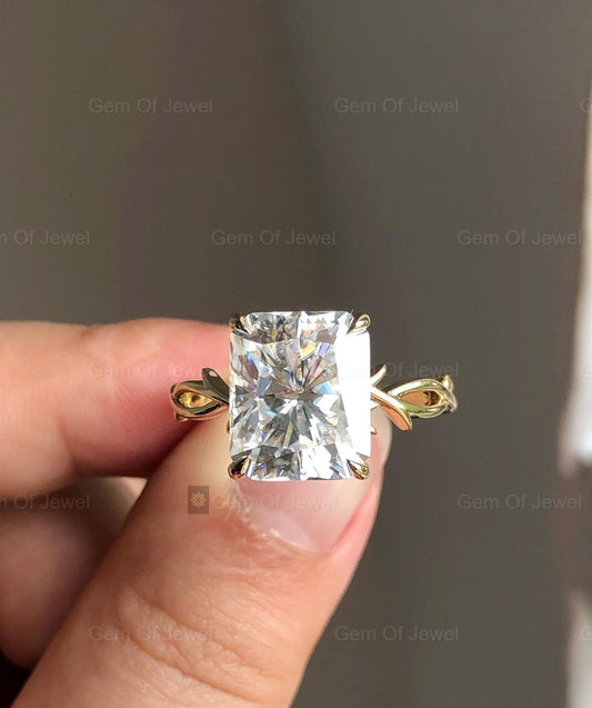 Radiant Cut Moissanite Diamond Floral Leaf Band, Solitaire Radiant Moissanite Diamond Solid Gold Ring Gift For Her, Radiant Engagement Ring