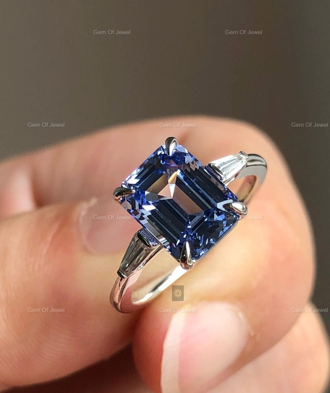 Topaz Ring Aquamarine Emerald Cut Engagement Ring For Her, Three Stone Ring, Aquamarine Lab Simulated Diamond Ring, Aquamarine Stone Ring