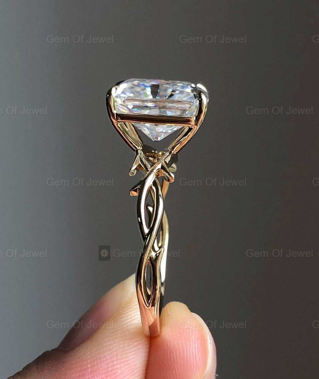 Radiant Cut Moissanite Diamond Floral Leaf Band, Solitaire Radiant Moissanite Diamond Solid Gold Ring Gift For Her, Radiant Engagement Ring