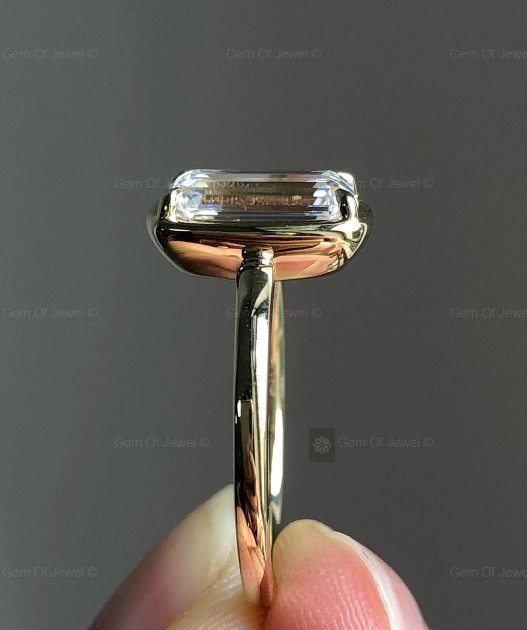 Emerald Cut Moissanite Elongated Emerald Unique Bezel Set Diamond Solitaire Ring, Solitaire Emerald Diamond Moissanite Diamond Ring For Her