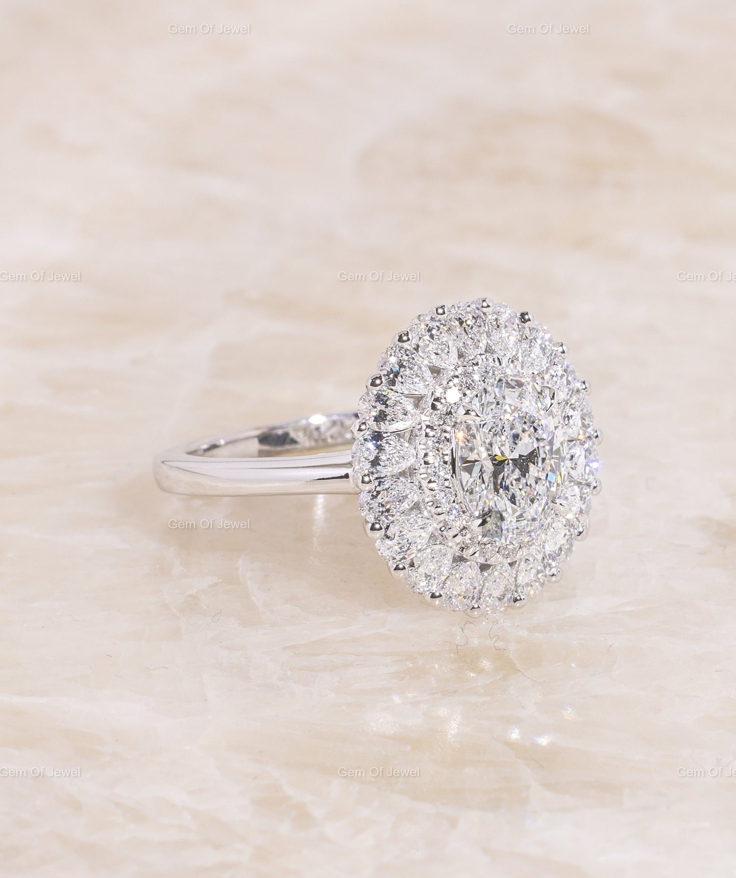 1CT Oval Moissanite Diamond With Halo Of Pear And Round Diamond Flower Shape Ring, Oval Moissanite Diamond With Pear Moissanite Diamond Ring