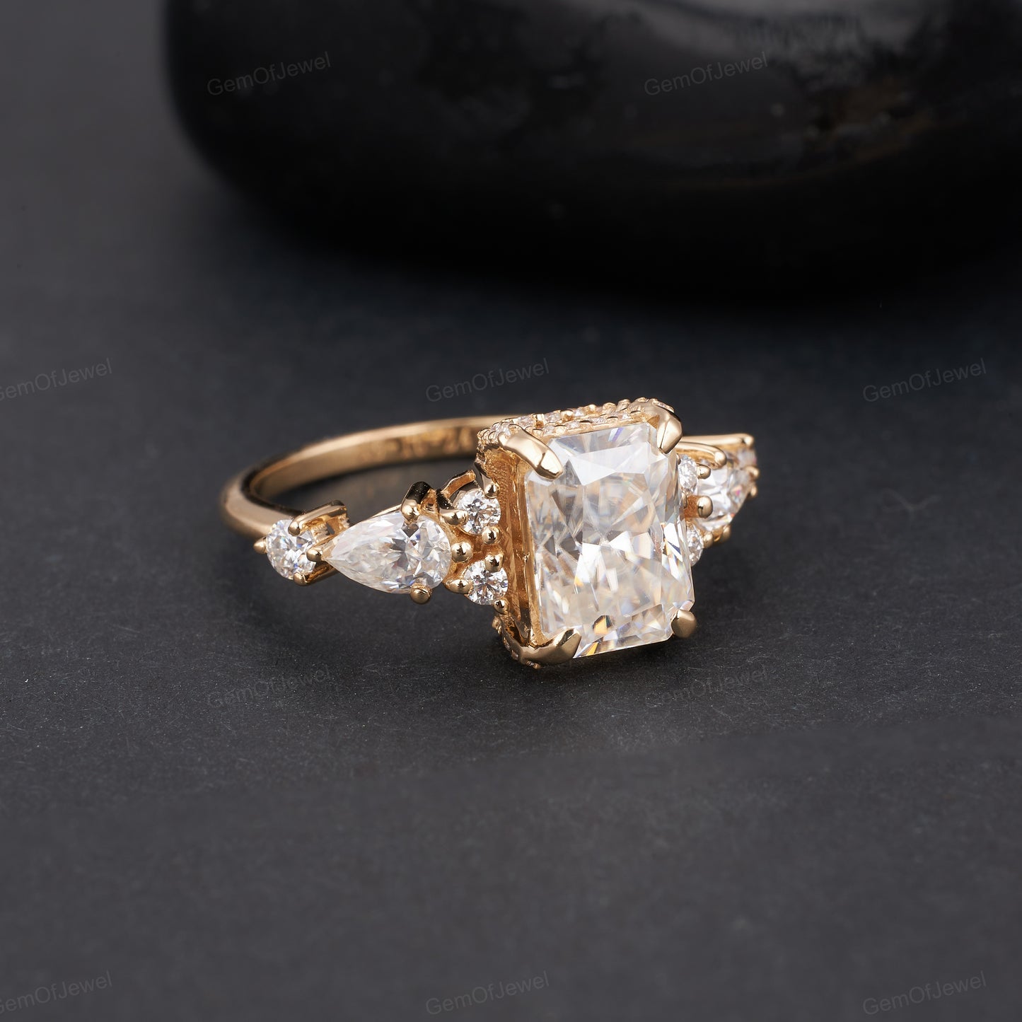 2.50 CT Radiant Cut Moissanite Ring, Pear And Round Cut Three Stone Engagement Ring, Antique Cut Moissanite, Wedding Ring, Unique Ring