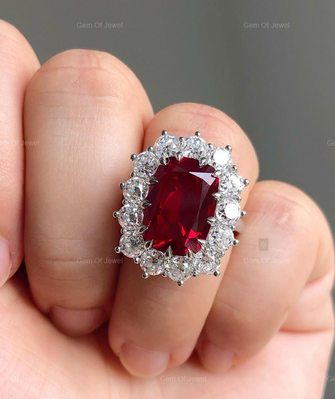 Ruby Stone Cushion Cut Ring, Ruby Stone Statement Ring For Her, Red Ruby Ring Cushion Diamond With Side Round Moissanite Diamond Ring