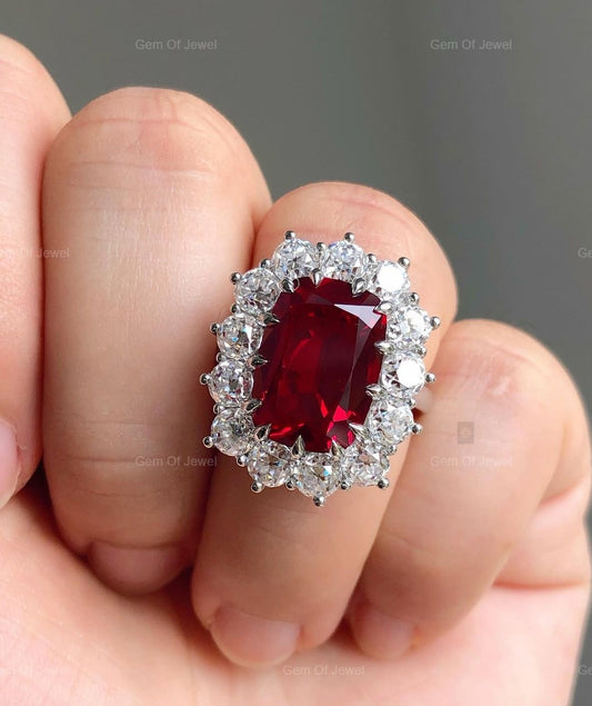 Ruby Stone Cushion Cut Ring, Ruby Stone Statement Ring For Her, Red Ruby Ring Cushion Diamond With Side Round Moissanite Diamond Ring