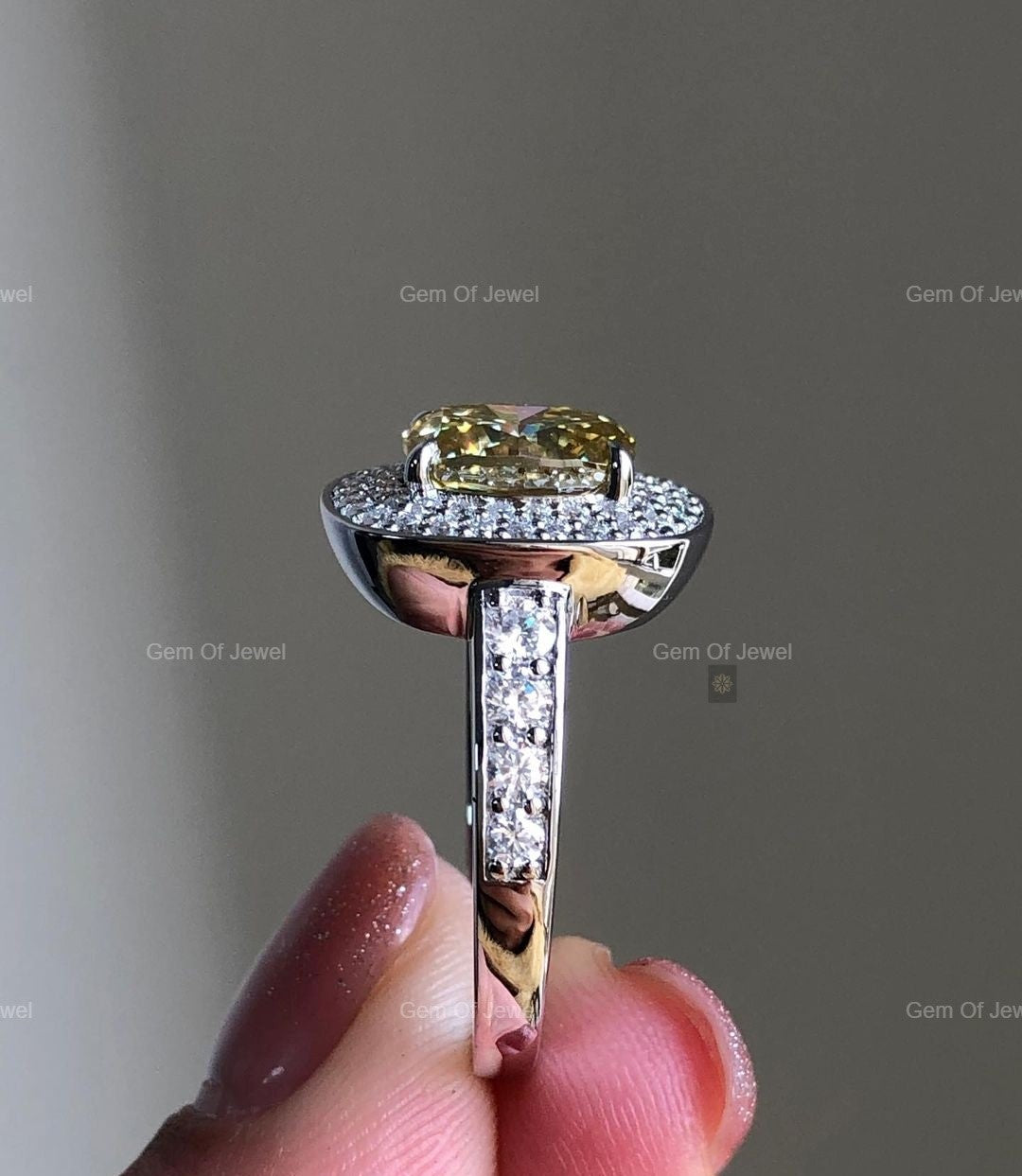 Yellow Moissanite Elongated Cushion Moissanite Diamond Ring With Pave Of Round Moissanite Diamond Engagement Ring, Yellow Moissanite Ring