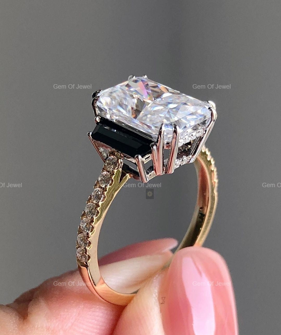 Radiant Cut Diamond Ring With Side Black Tapered Baguette Moissanite Two Tone Gold Diamond Ring, Radiant Diamond Ring, Radiant Cut Ring