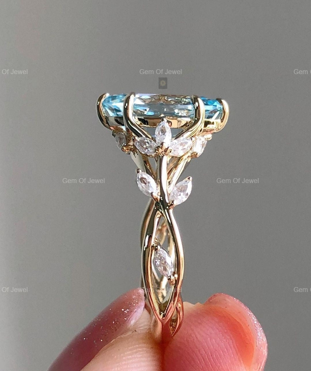 Rose Cut Marquise Diamond Ring ,Floral Leaf Ring With Side Marquise Moissanite Diamond Unique Fancy Ring For Her, Aquamarine Marquise Ring