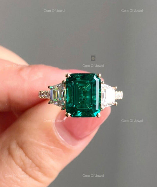 Green Emerald Diamond Three Stone Ring with Side Trapezoid Moissanite Diamond Ring, Green Lab Emerald Three Stone Diamond Ring Gift For Her