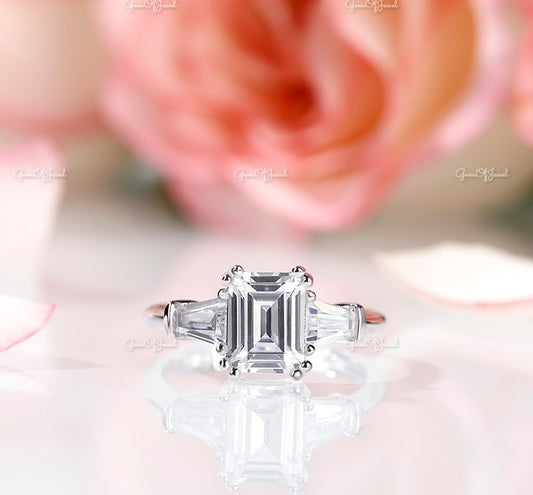 Emerald Moissanite Diamond 4CT Engagement Ring Three Stone with Side Tapered Baguette Gold Ring Gift For Her Or Engagement Ring