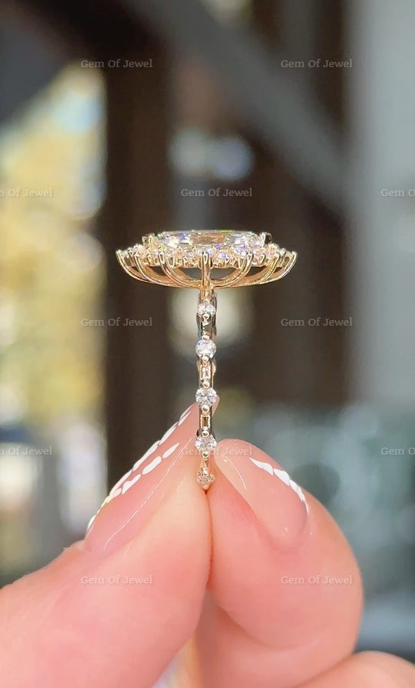 Marquise Diamond Moissanite Vintage Ring With Halo Of Round Moissanite Diamond And Bubble Design Band, Marquise Moissanite Vintage Halo Ring
