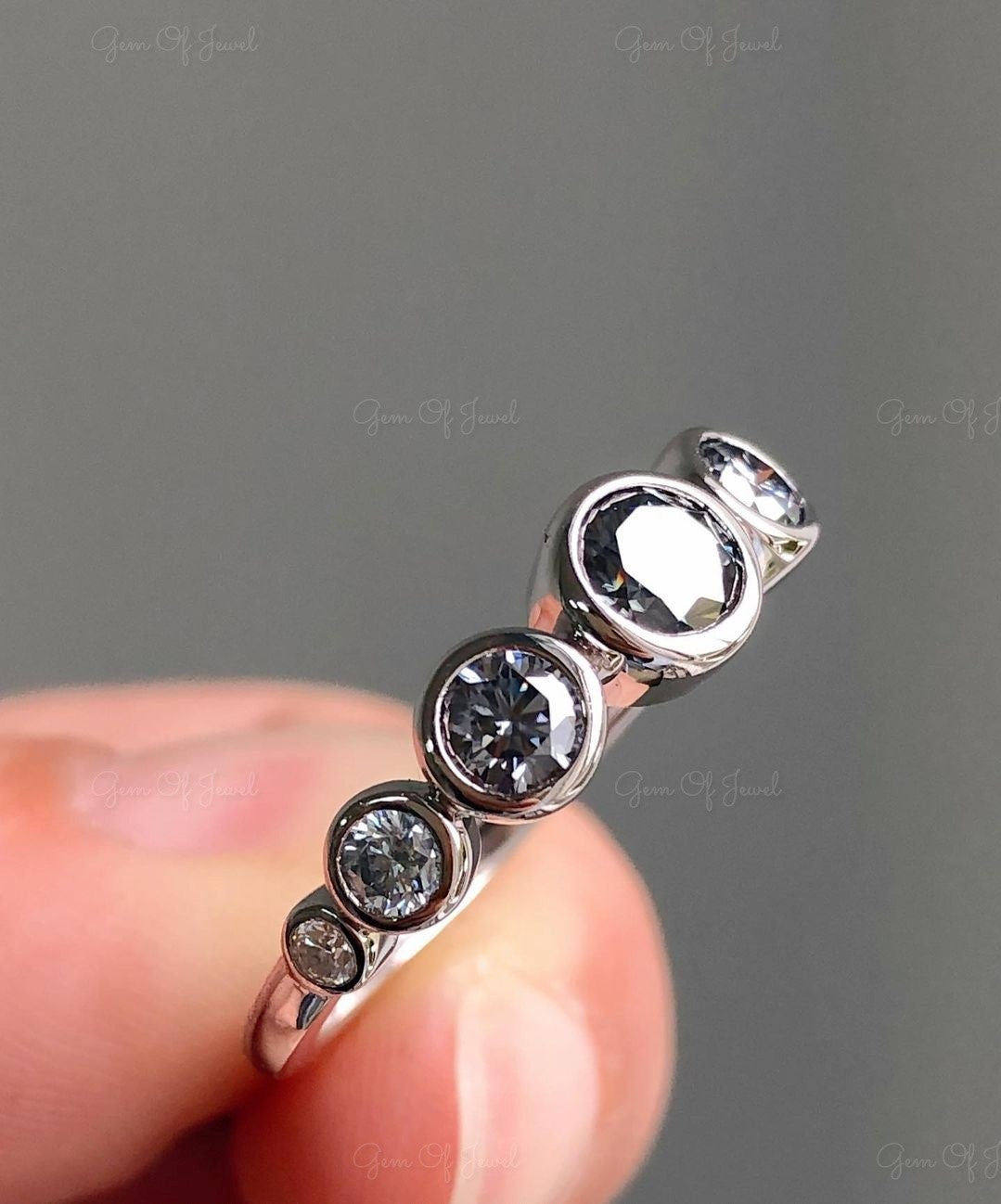 Round Cut Gray Moissanite Diamond Bezel Ring, Gray Diamond Round Cut Ring, Gray Diamond Ring, Grey Moissanite Diamond Band, Gray Moissanite