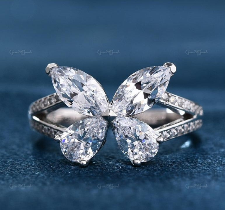 Marquise Moissanite Diamond And Pear Moissanite Diamond Butterfly Shape Engagement Ring, Butterfly Shape Diamond Ring With