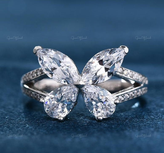 Marquise Moissanite Diamond And Pear Moissanite Diamond Butterfly Shape Engagement Ring, Butterfly Shape Diamond Ring With
