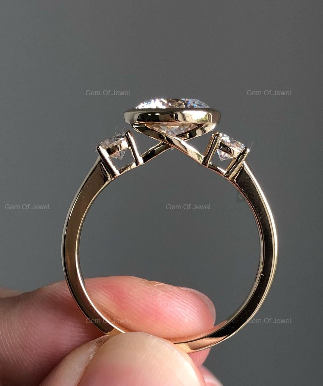 Portugese Cut Moissanite Diamond Three Stone Ring With Side Round Cut Diamond Bezel Set Ring, Portuguese Moissanite Diamond Ring For Her