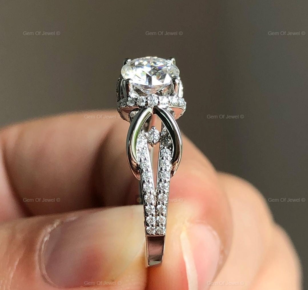 1CT Round Moissanite Diamond Infinity Inspired Unique Setting Wedding Ring With Pave Diamond For Her, Moissanite Round Diamond Ring For Her