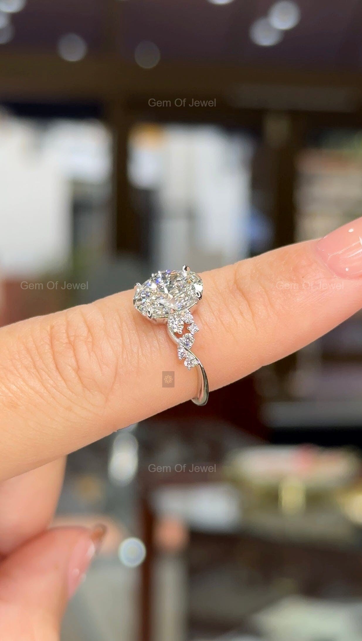 Oval Diamond Moissanite Ring With Flower Shape Pave Engagement Ring For Her, Oval Flower Shape Ring, Oval Moissanite Diamond Engagement Ring