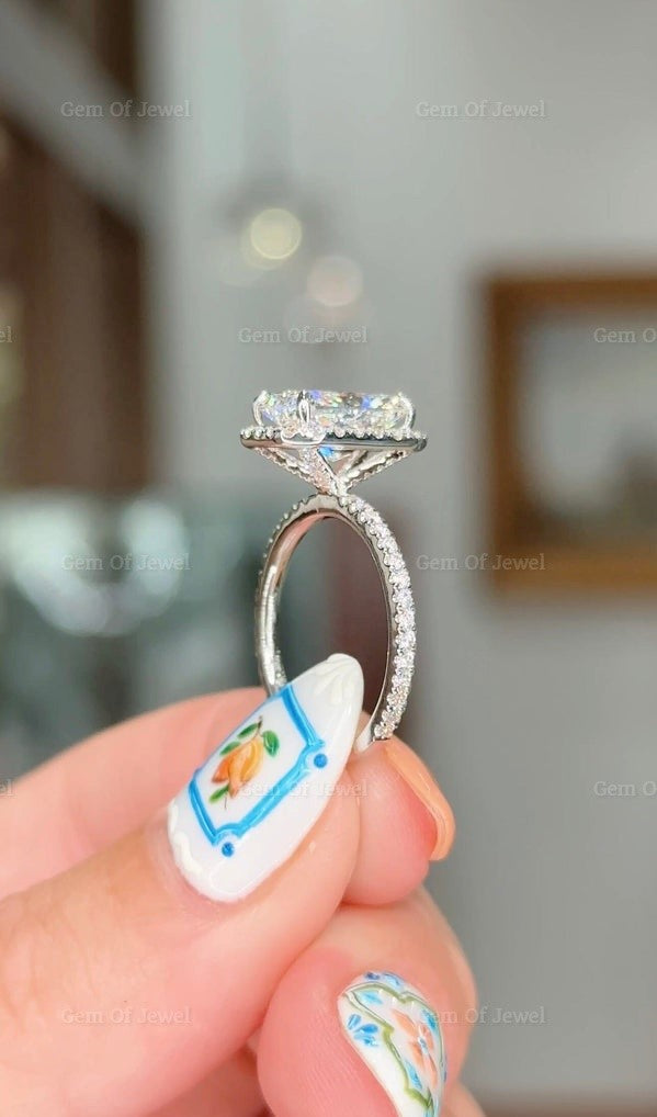 3CT Radiant Moissanite Diamond With Halo Of Round Moissanite Diamond And Diamonds Prong Solid Gold Ring, 3CT Radiant Moissanite Diamond Ring