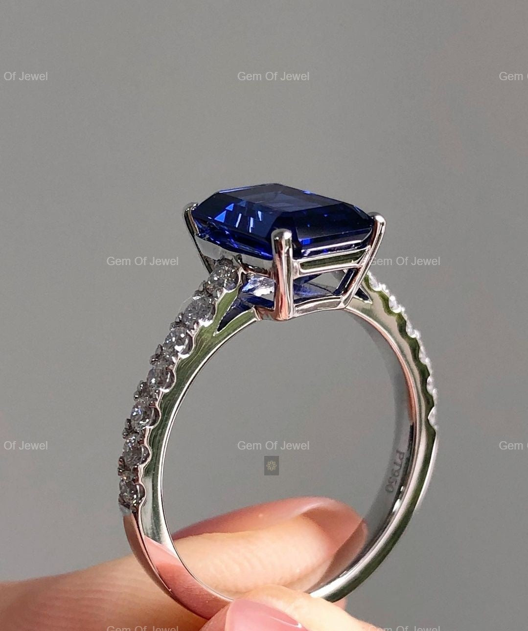Blue Sapphire Emerald Diamond Ring with Side Round Moissanite Diamond Ring, Dark Blue Sapphire Emerald Diamond Ring Gift For Her