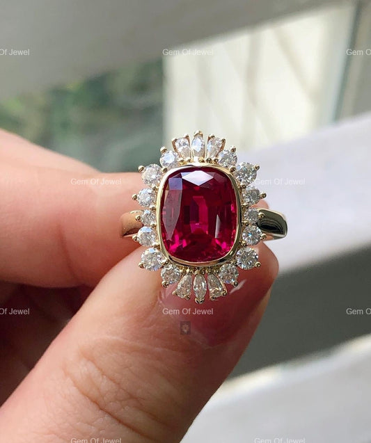 Ruby Stone Cushion Shape Ring, Ruby Stone Statement Ring For Her, Red Ruby Stone Cushion Diamond With Side Round Moissanite Diamond Ring