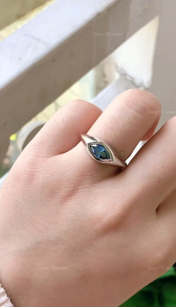 Marquise Diamond Solitaire Ring With Lab Diamond Blue Sapphire Ring, East West Set Marquise Lab Diamond Solitaire Unique Statement Ring