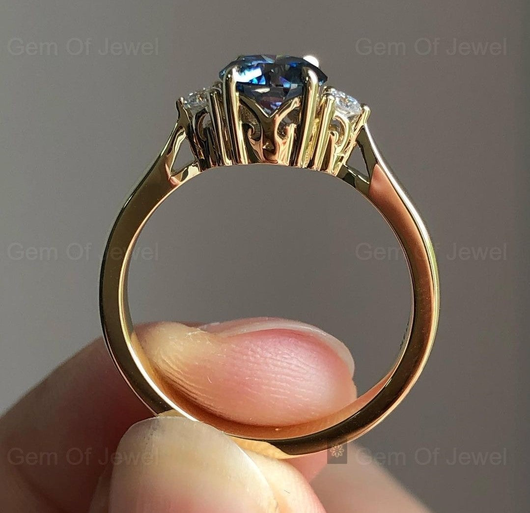 Round Blue Moissanite Diamond Ring, Dark Blue Moissanite Diamond Round Cut Three Stone Ring, Blue Moissanite Three Stone Diamond Ring