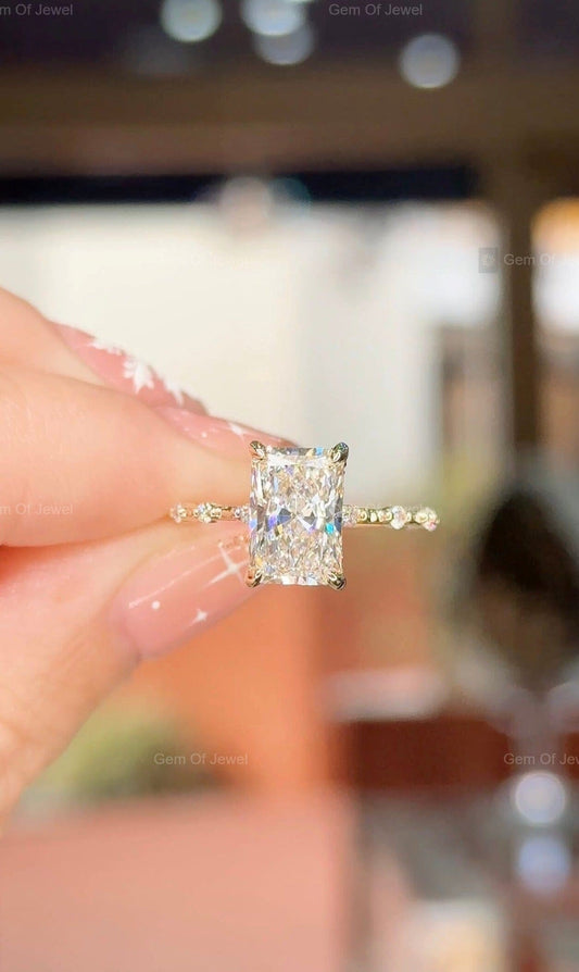 2.5CT Radiant Moissanite Diamond Ring With Round Moissanite Diamond Band Solid Gold Ring, Radiant Moissanite Diamond Engagement Ring For Her