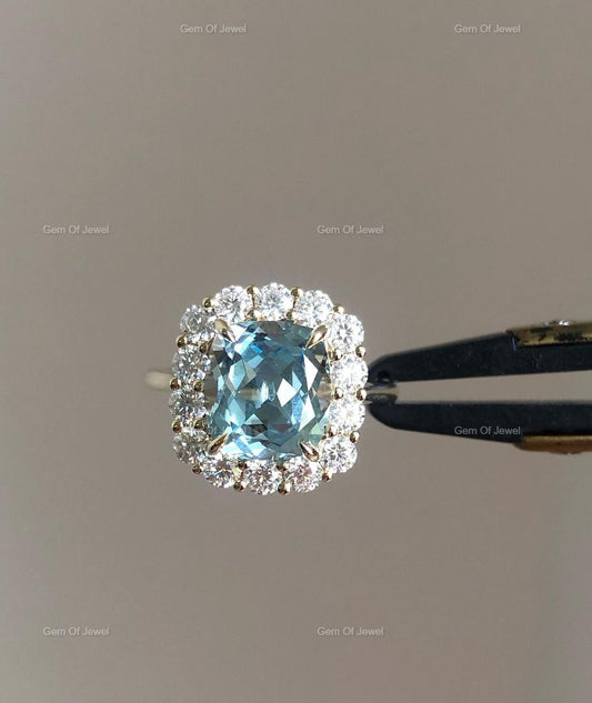 Aquamarine Cushion Cut Ring With Side Round Moissanite Diamond Ring, Aquamarine Lab Simulated Diamond Ring, Aquamarine Cushion Cut Ring