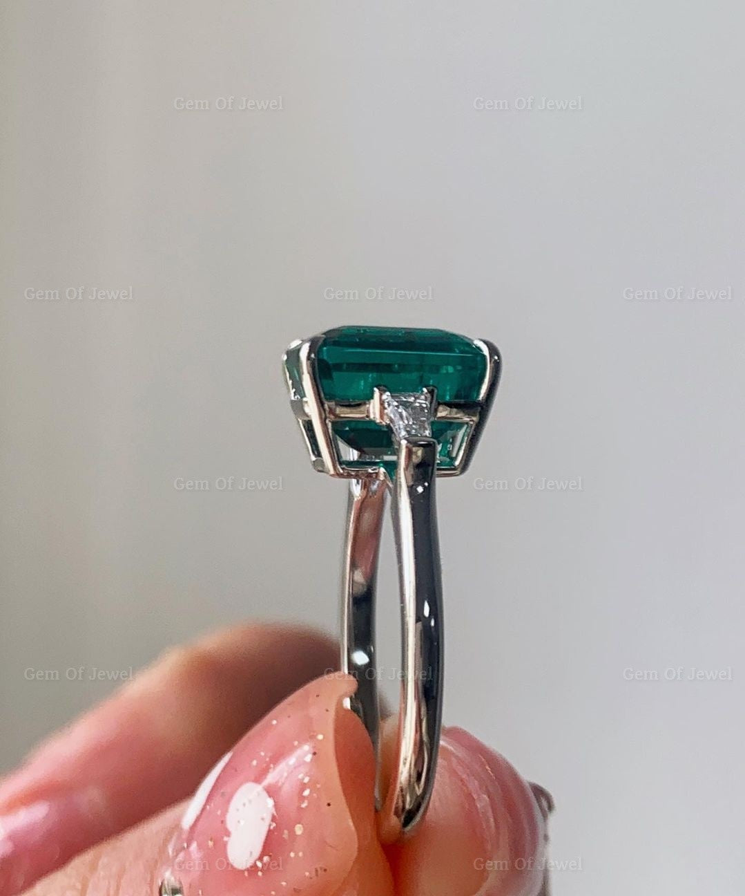 Green Emerald Diamond Three Stone Engagement Ring with Side Tapered Baguette Diamond Ring, Green Lab Diamond Emerald Three Stone Ring Gift