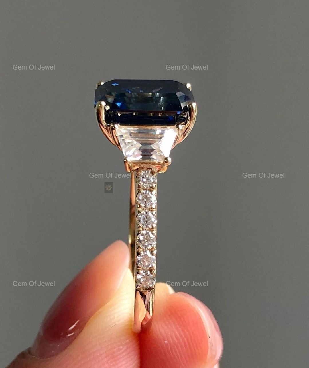 Blue Sapphire Diamond Three Stone Ring with Side Trapezoid Moissanite Diamond Ring, Dark Blue Sapphire Three Stone Diamond Ring Gift For Her