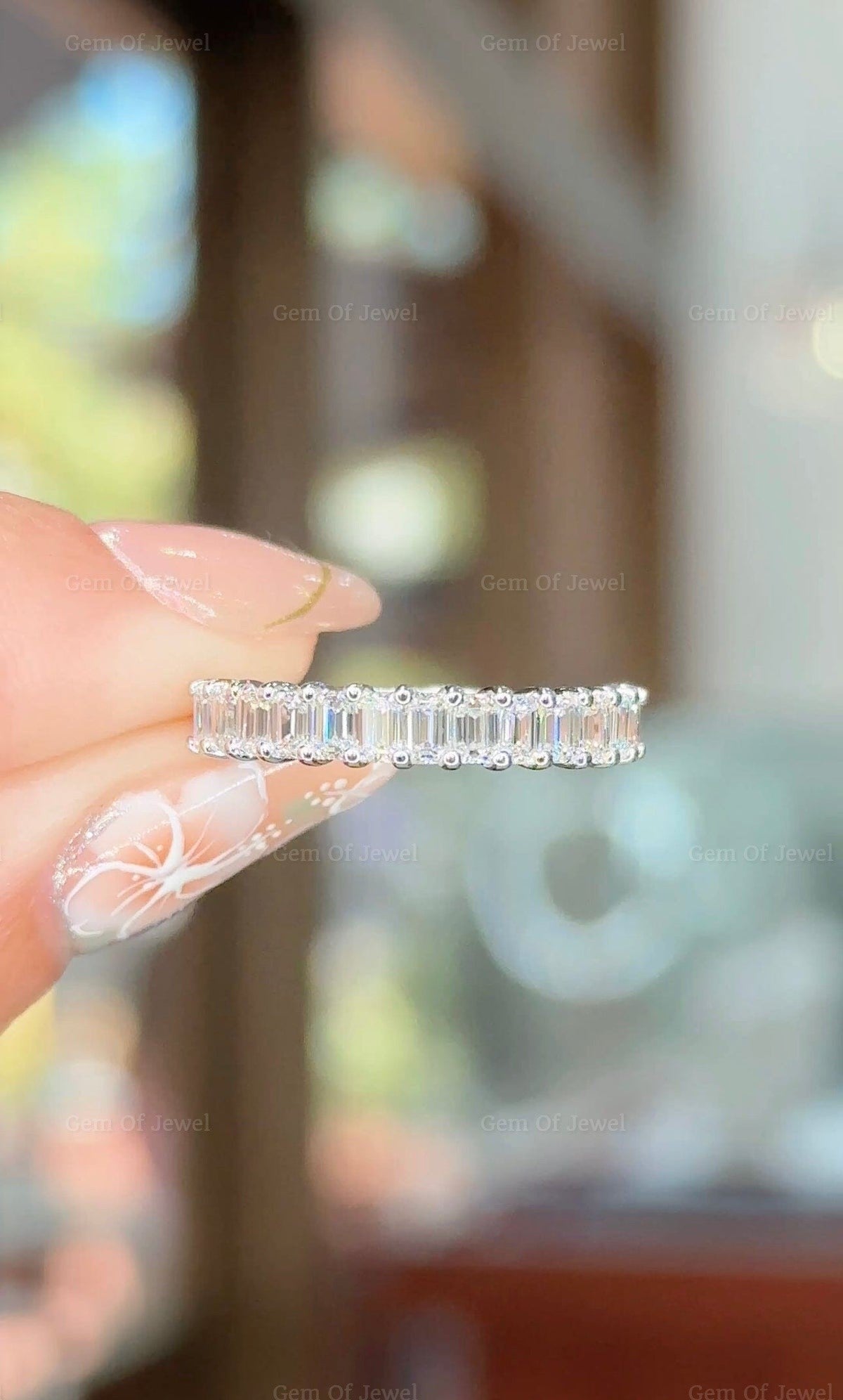 Emerald Moissanite Half Eternity Wedding Ring, Emerald Diamond Moissanite Wedding Band, Emerald Diamond Matching Band, 3mm Diamond Band