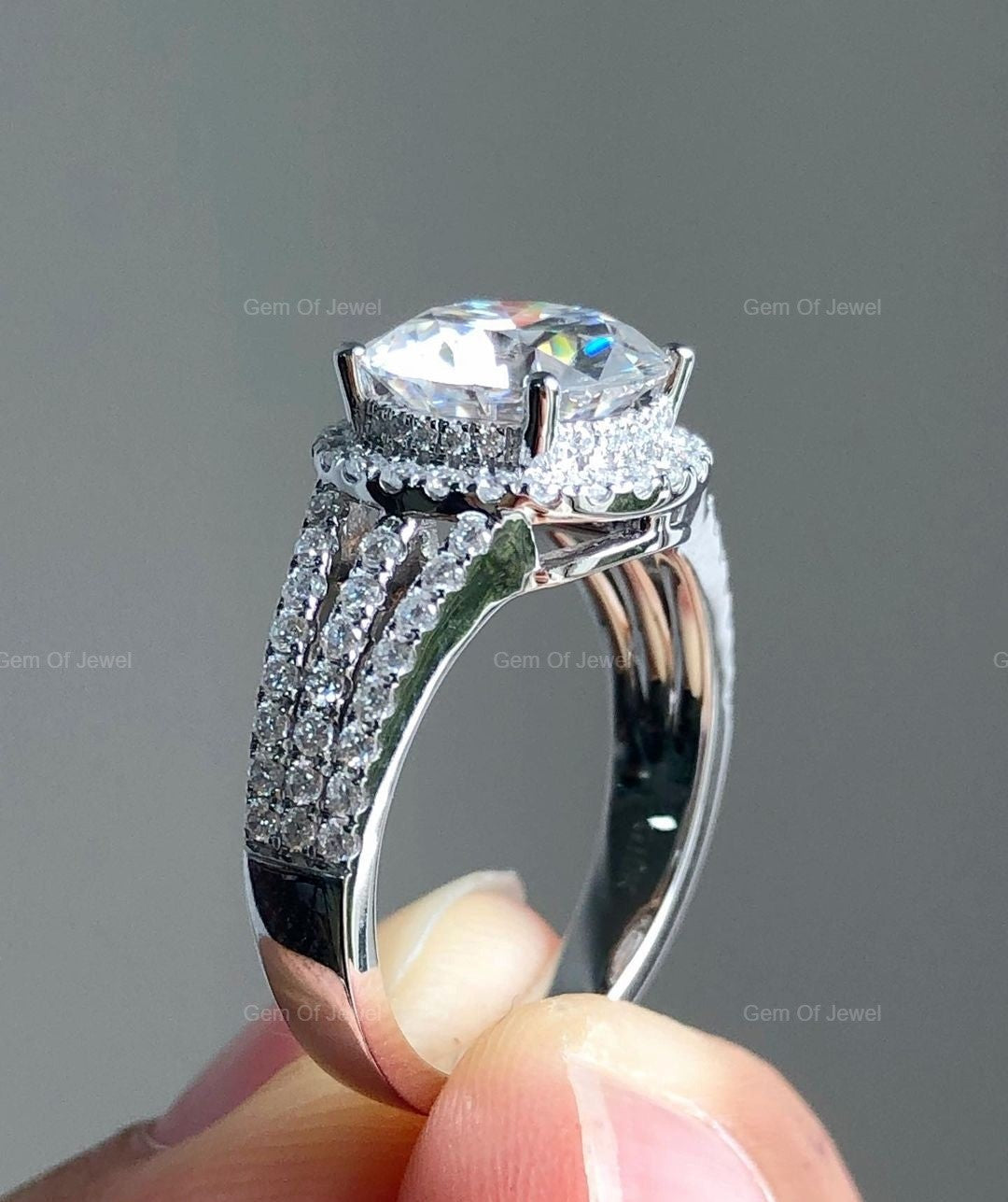 Round Moissanite Diamond With Double Halo And Split Shank Diamond Ring, Invisible Halo Round Diamond Ring, Split Band Diamond Ring For Her